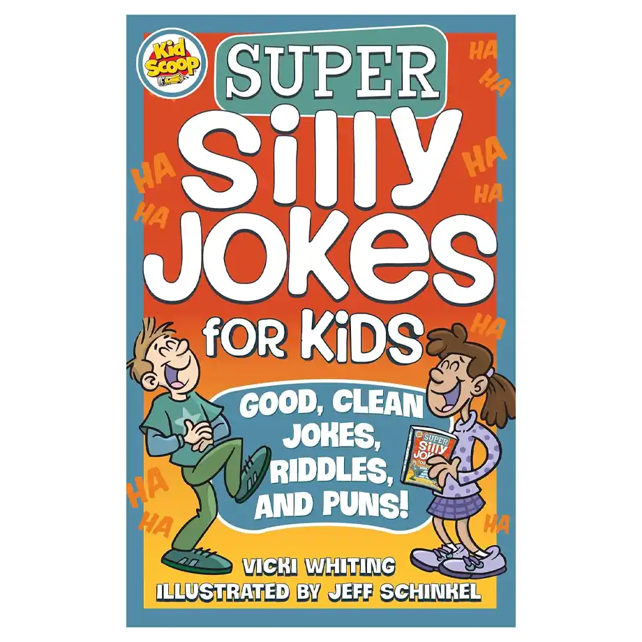 A vibrant and playful book cover of "Super Silly Jokes for Kids," featuring colorful graphics and a cheerful design. This book is filled with funny jokes guaranteed to entertain and bring joy to children, making it a fun and creative gift idea for kids.