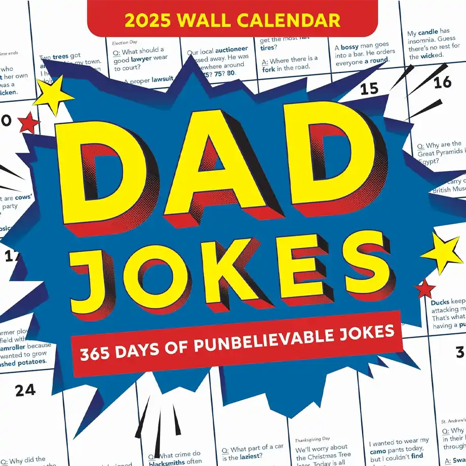 The cover of the "2025 Jokes Wall Calendar," showcasing colorful and playful designs with the promise of a daily dose of funny jokes and puns. Perfect for adding laughter and humor to every day of the year, this calendar is a great gift for joke lovers and pun enthusiasts alike!