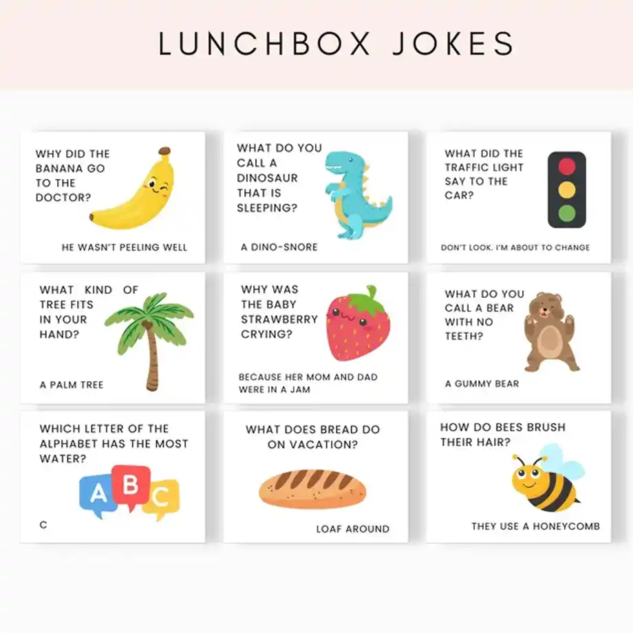 Printable lunchbox notes filled with funny jokes for kids, perfect for adding a smile to their school day. A fun way to share humor and make lunchtime more enjoyable!