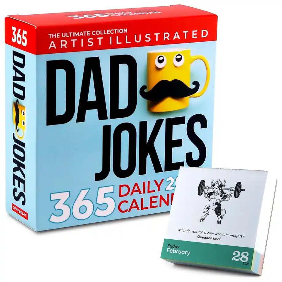 2025 Jokes Desk Calendar featuring a collection of funny jokes and playful illustrations. A perfect way to brighten up your desk with daily humor and fun.