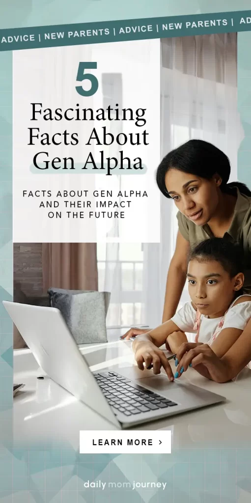 A mother helping her child with a laptop, highlighting facts about Gen Alpha and their future impact.