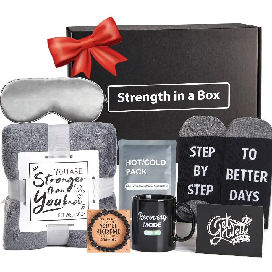 A thoughtfully curated care package for dad, featuring practical and comforting items to brighten his recovery and send a get well soon message.