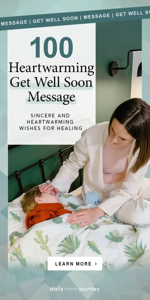 A mother gently comforting her sick child in bed, illustrating heartfelt get well soon message ideas for offering support and care.