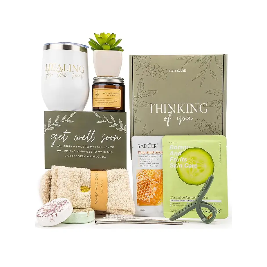 A beautifully curated get well soon gift set featuring a candle, plant, mug, cozy socks, skincare masks, and a thoughtful message card to bring comfort and healing.