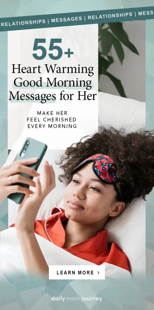 A woman in a red satin robe with a colorful sleep mask on her forehead smiles as she reads a message on her phone. The text on the image promotes 55+ heart-warming good morning messages for her to start the day with love.