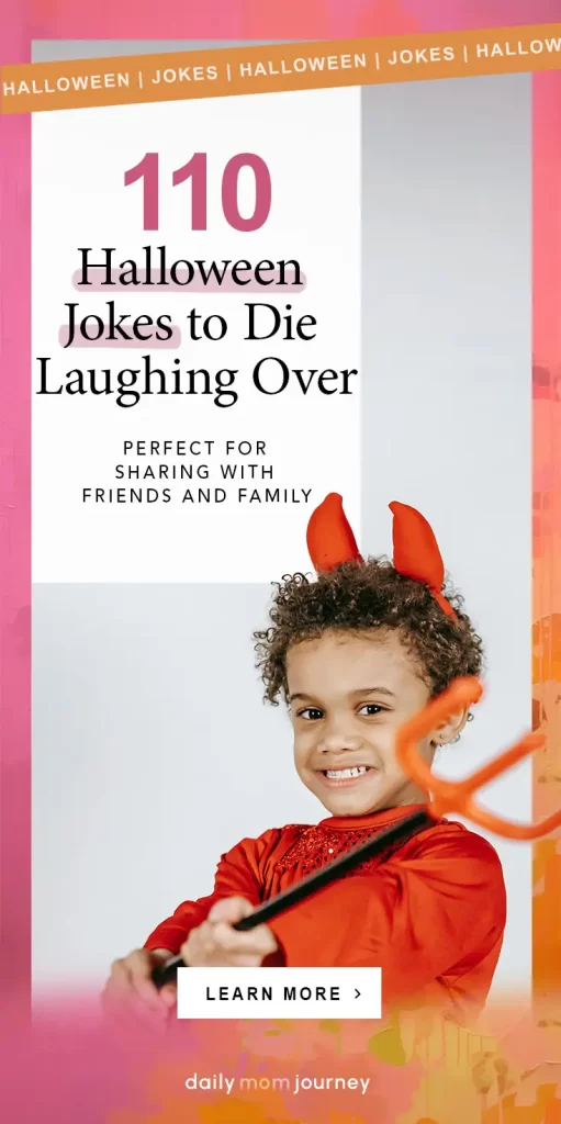 A little girl in a devil costume smiling while holding a pitchfork, promoting a collection of 110 Halloween jokes perfect for sharing with friends and family.