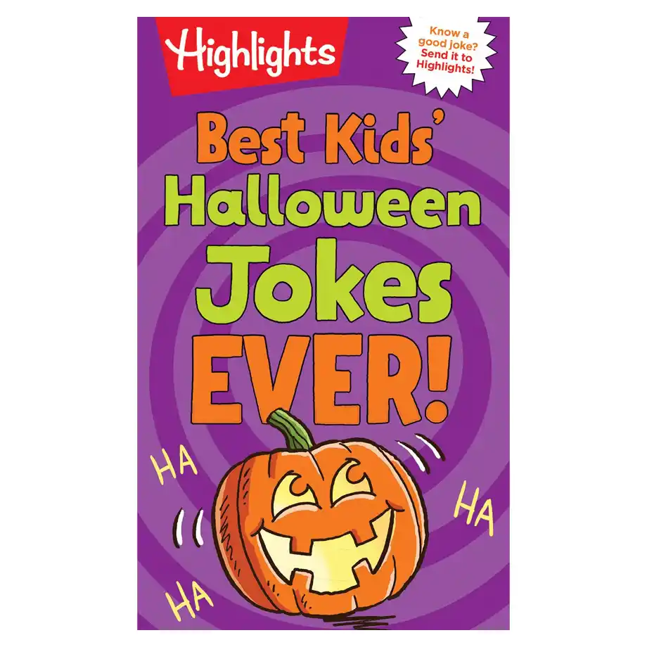 A playful and colorful Highlights magazine cover featuring a smiling jack-o'-lantern with the text "Best Kids' Halloween Jokes Ever!" on a purple background with spiral patterns.