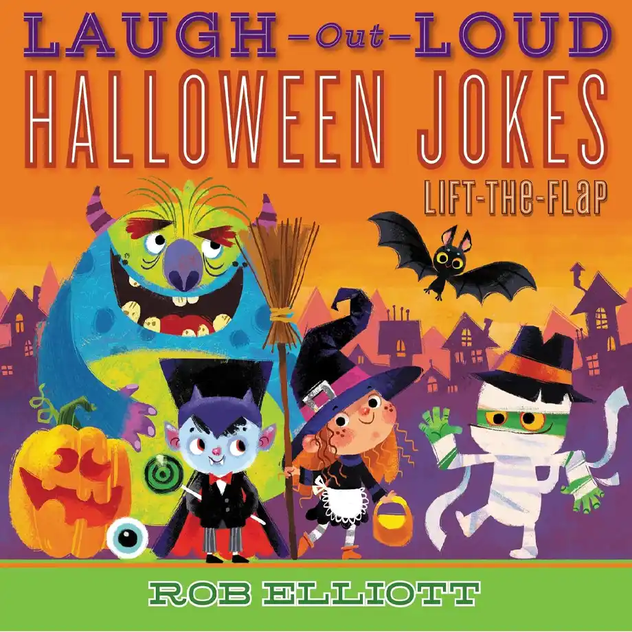 Cover image of the book 'Laugh-Out-Loud Halloween Jokes for Kids,' featuring playful illustrations and a lift-the-flap design perfect for kids to enjoy spooky and silly Halloween jokes.