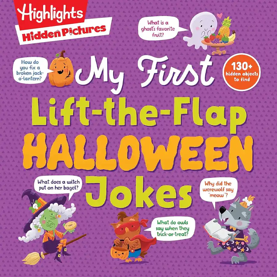 Cover image of the book 'Hidden Pictures First Halloween' by Highlights, featuring engaging hidden picture puzzles and fun Halloween jokes for kids to enjoy.