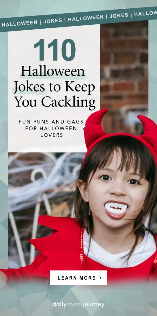 A child dressed as a devil with vampire teeth, smiling against a spooky backdrop, highlighting 110 Halloween jokes to keep everyone laughing.