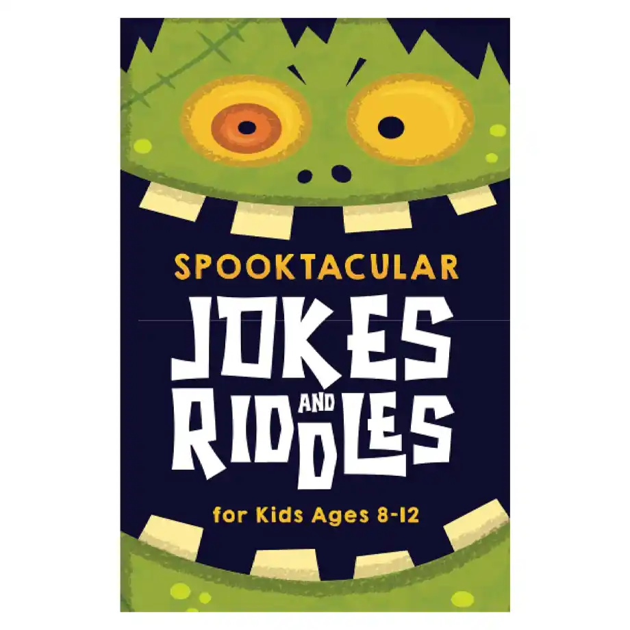 "Spooktacular Jokes for Kids Ages 8-12" book cover featuring Halloween-themed illustrations, including a grinning jack-o'-lantern, bats, and spooky designs. Perfect for kids who love funny Halloween jokes and riddles.