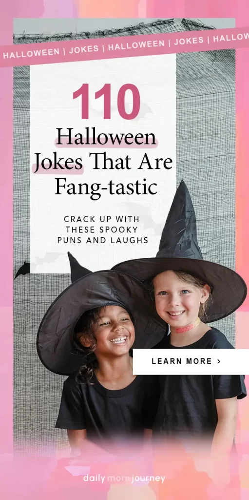 Two kids wearing witch hats and black outfits, laughing together, introducing a fang-tastic collection of 110 Halloween jokes.