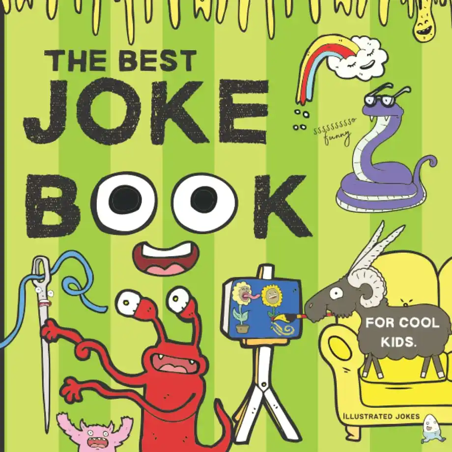 Cover of "Best Joke Book for Cool Kids" featuring vibrant colors and playful designs. A hilarious book filled with Halloween jokes and other funny content perfect for entertaining kids.