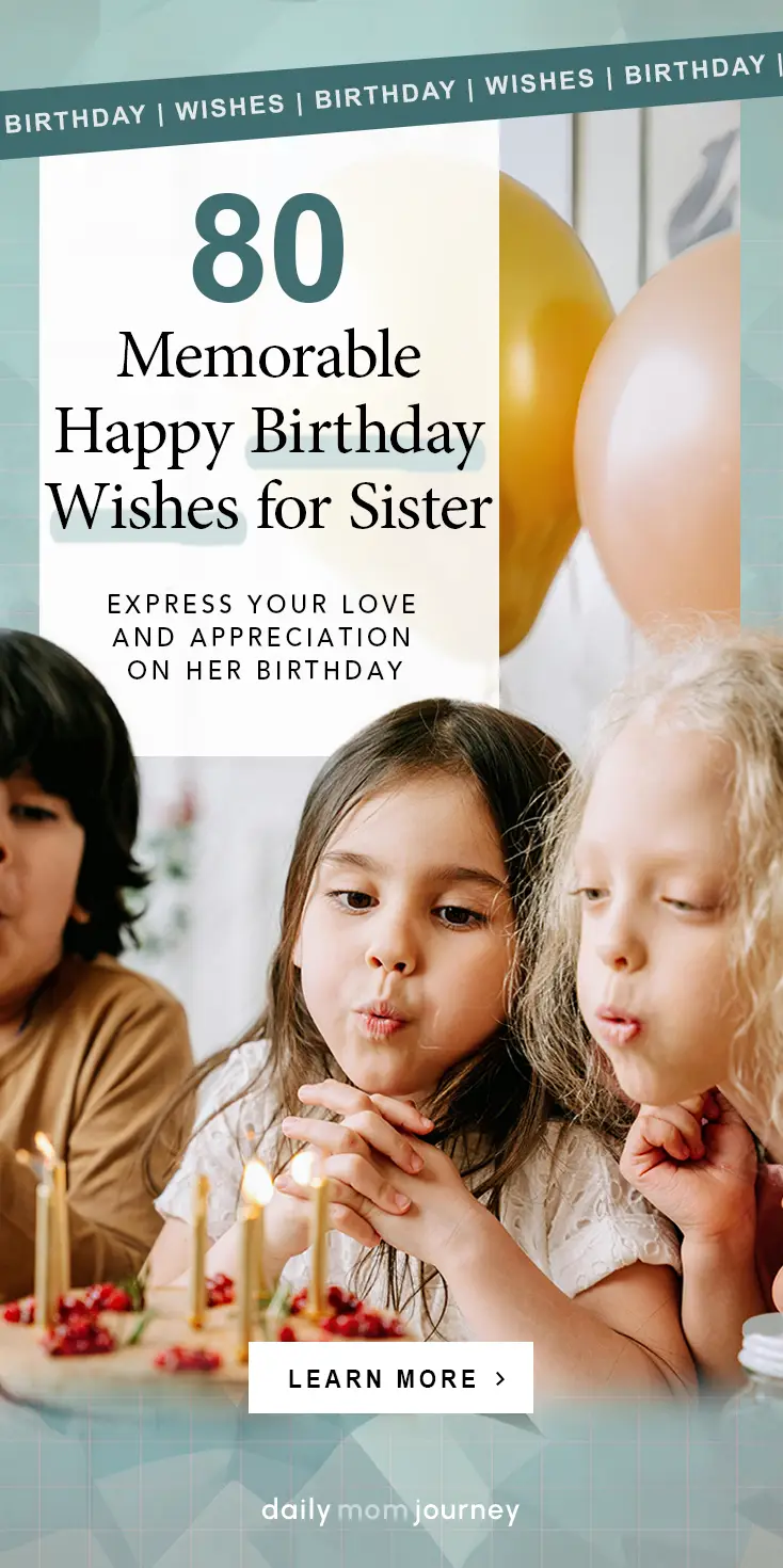 Three children joyfully blowing out birthday candles, surrounded by balloons and a festive atmosphere. A warm and loving way to express happy birthday wishes for sister.