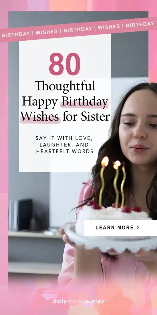 A young woman in a pink outfit blowing out candles on a beautifully decorated birthday cake, symbolizing love and celebration. A perfect way to send happy birthday wishes for sister.
