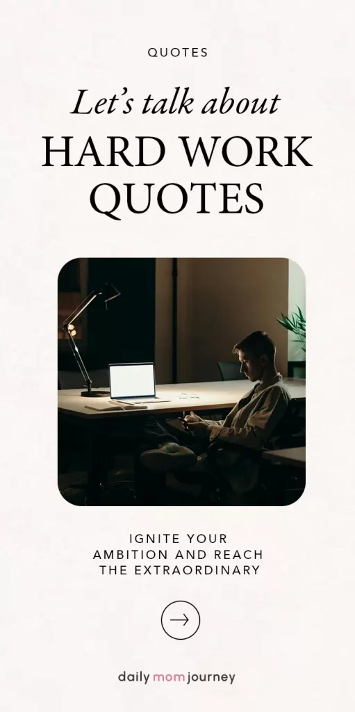 A dimly lit workspace featuring a man sitting at a desk with a laptop, symbolizing dedication and ambition, paired with text 'Let's Talk About Hard Work Quotes.'