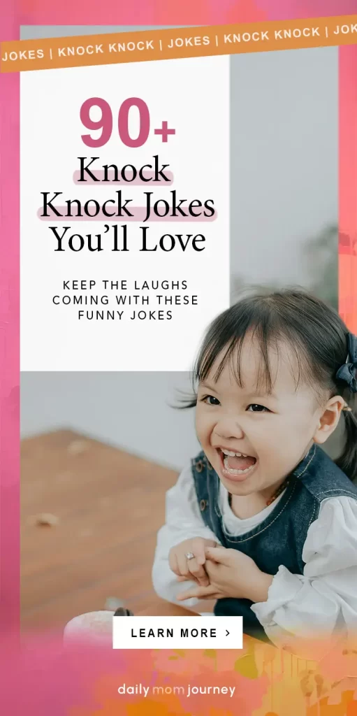 A cheerful little girl laughing with text overlay promoting "90+ Knock Knock Jokes You’ll Love" for a fun and lighthearted read.