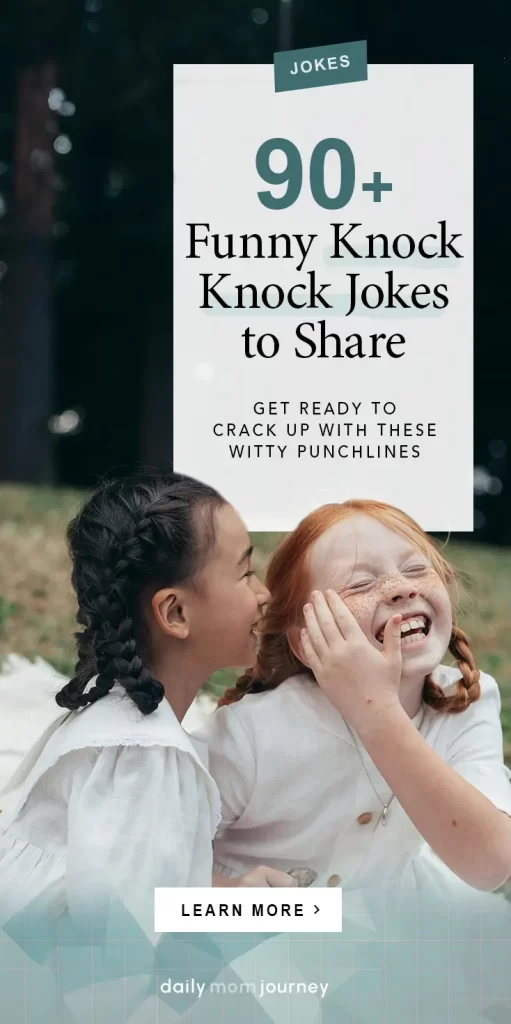 Two kids sharing a laugh outdoors with text overlay advertising "90+ Funny Knock Knock Jokes to Share" for a dose of humor.