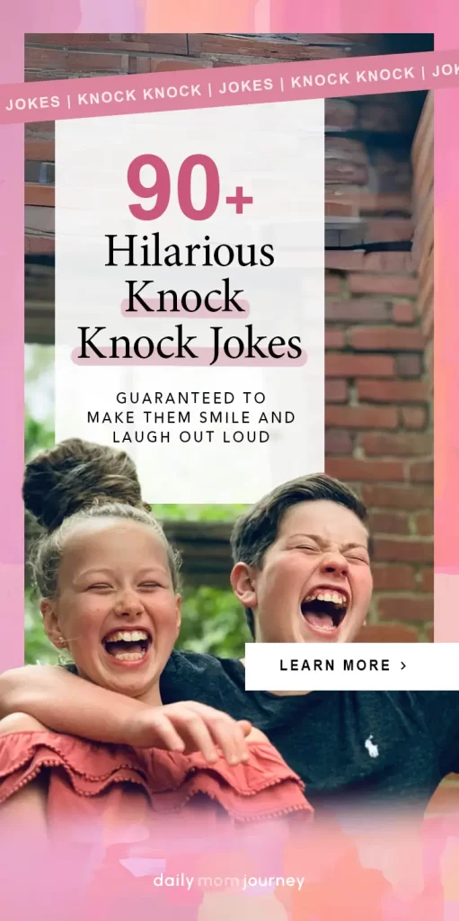 A group of friends laughing together with text overlay featuring "90+ Hilarious Knock Knock Jokes" for guaranteed smiles and laughter.