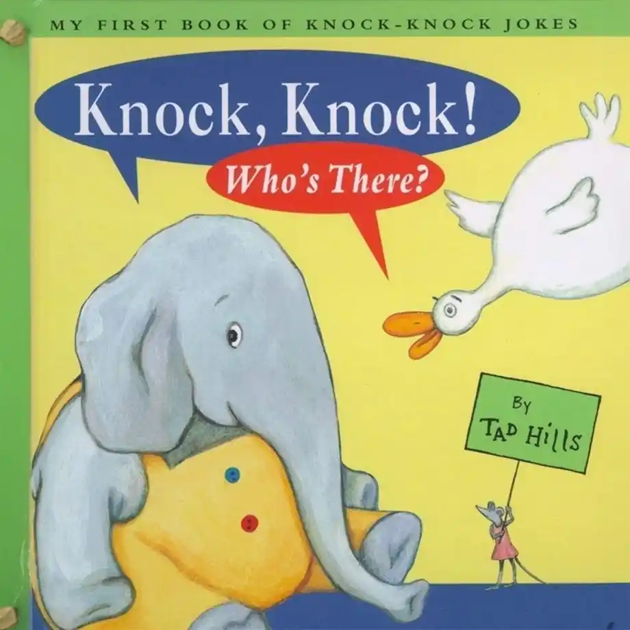 Cover of 'Knock, Knock! Who's There? First Knock Knock Jokes for Kids,' a delightful and colorful joke book introducing young readers to funny and engaging knock knock jokes.