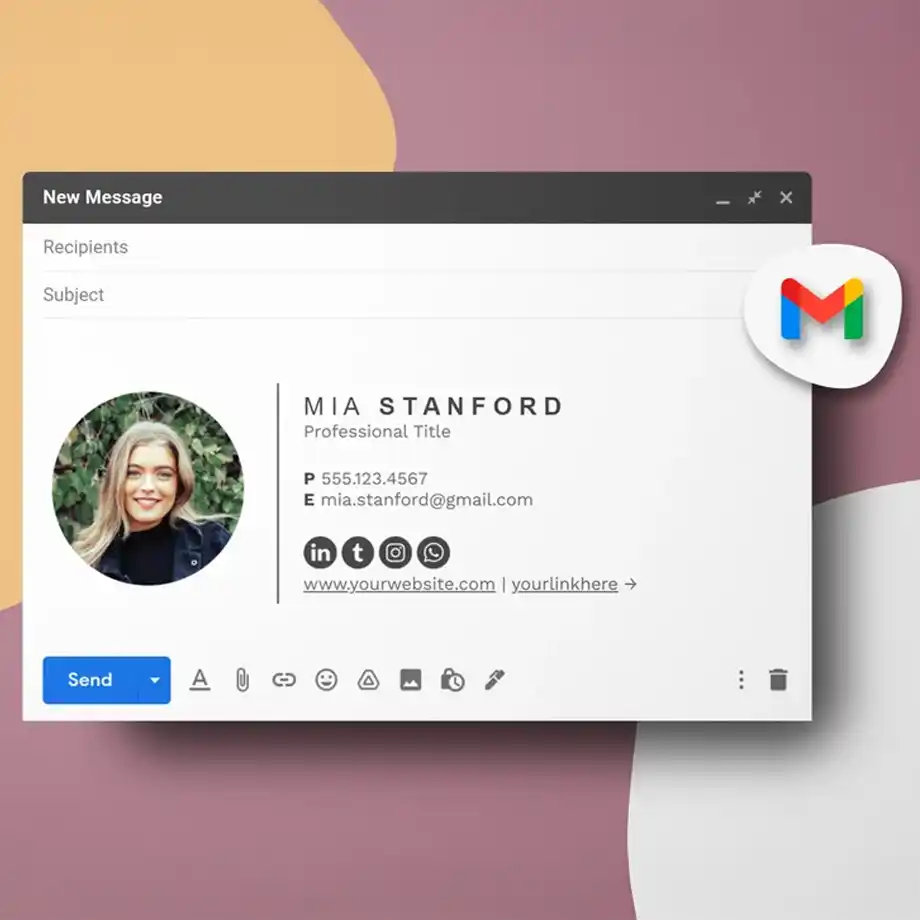 A Gmail draft showcasing a professional email signature with a profile picture, contact details, and social media links, ideal for setting up a maternity leave out of office message with a polished touch.