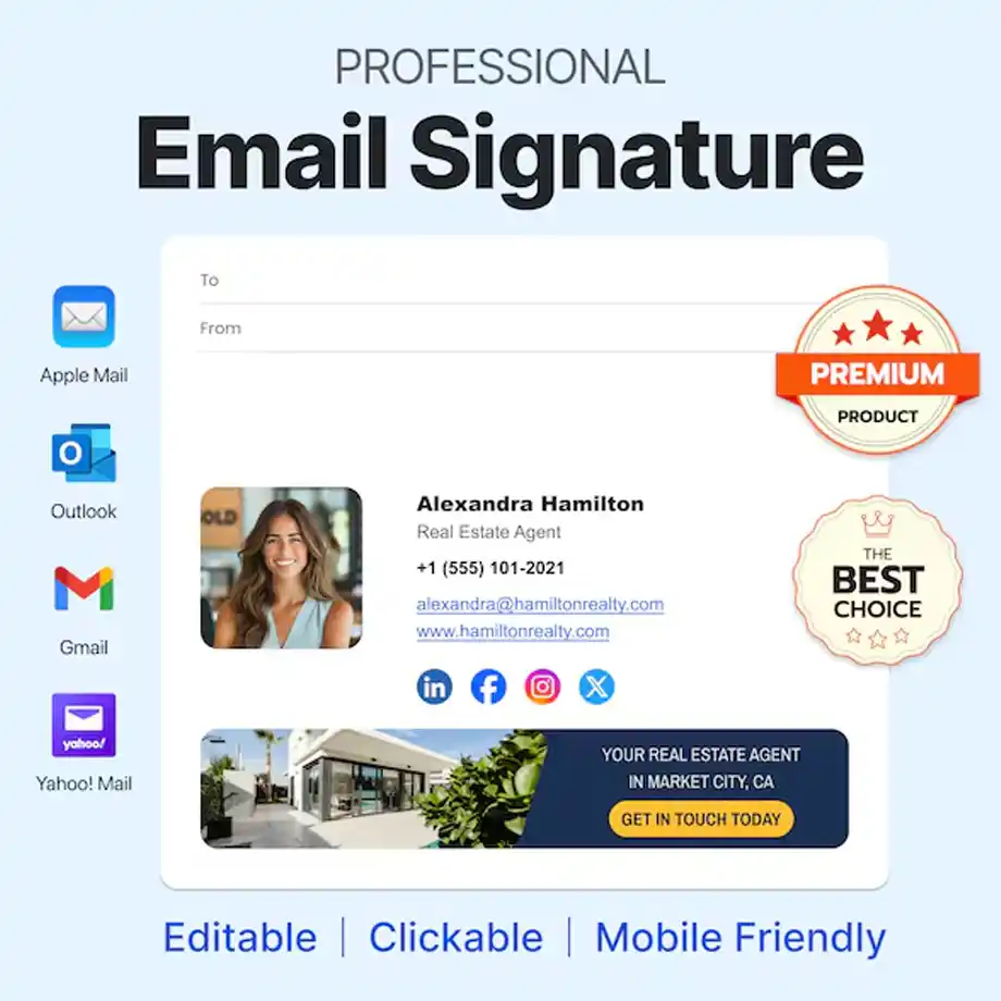 A modern email signature template displayed in an email interface, featuring a professional headshot, contact details, social media icons, and a clickable banner. Ideal for crafting a maternity leave out of office message with a professional and polished look.