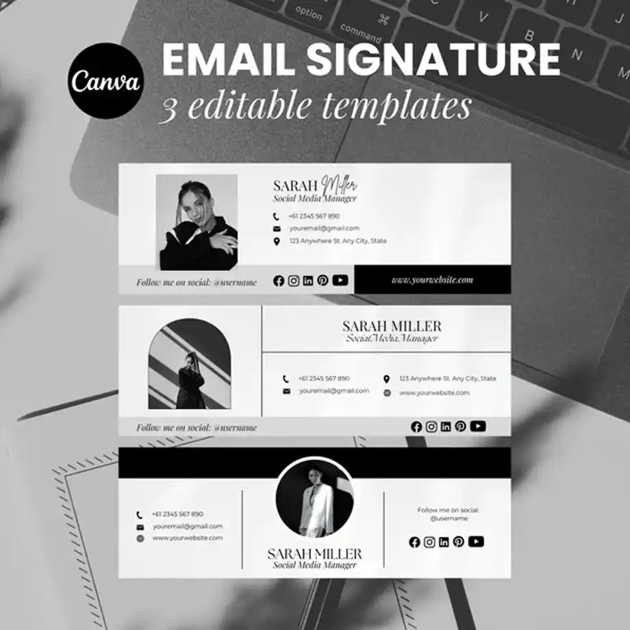 A bundle of elegant and customizable email signature templates from Etsy, featuring editable sections for name, title, contact information, and social media links. Ideal for crafting a professional and stylish maternity leave out of office message to maintain clear communication during your leave.