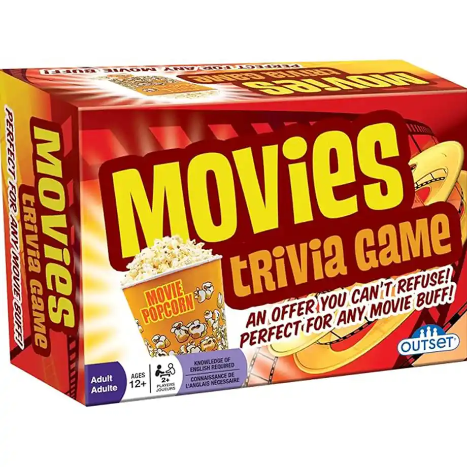 An engaging image of the Outset Media Trivia Game box alongside trivia cards, a timer, and game pieces. Perfect for anyone looking to dive into a fun and challenging trivia experience!