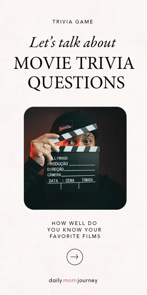 A person peeking from behind a film clapperboard with text overlay reading "Let's talk about Movie Trivia Questions," inviting movie lovers to test their film knowledge.