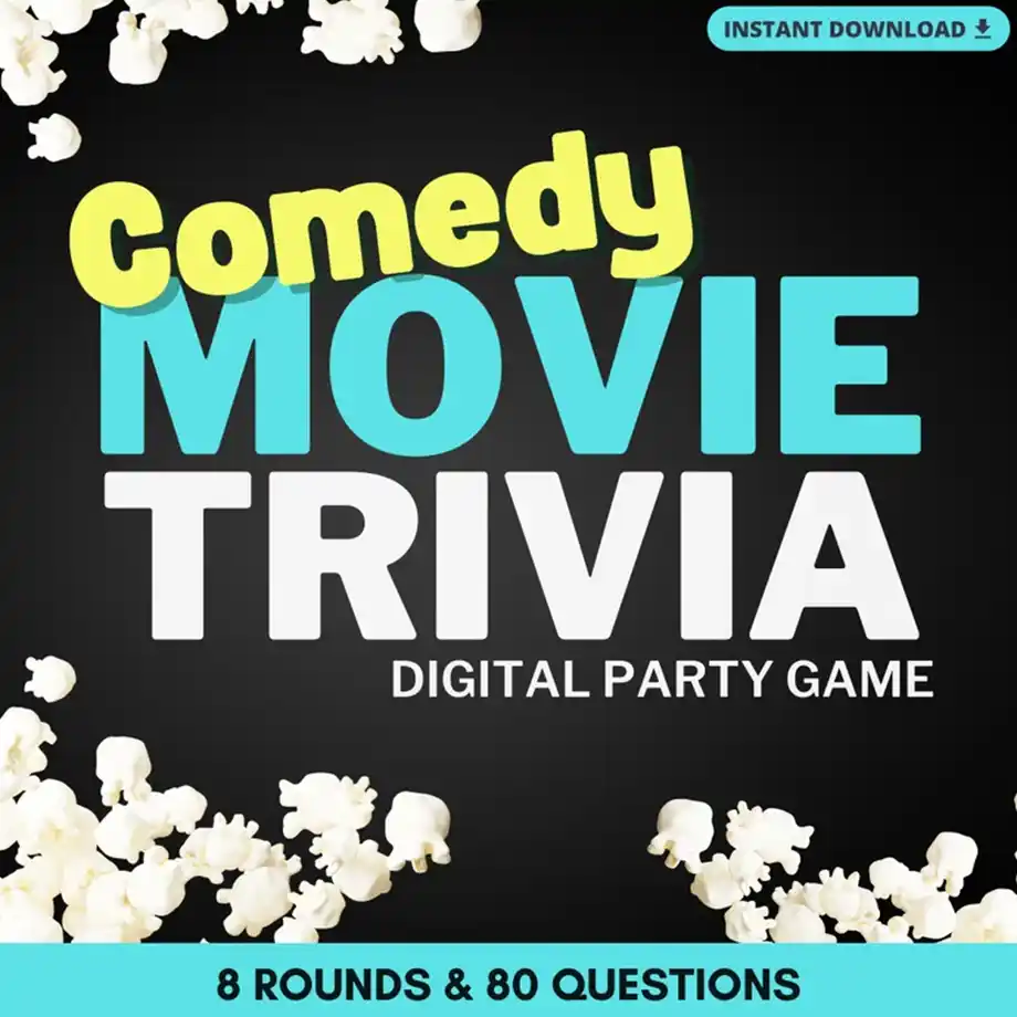 A fun image showcasing a Comedy Movie Trivia Game setup with movie posters, popcorn, and laughing emojis. Perfect for testing your knowledge with Movie Trivia Questions from classic comedies!