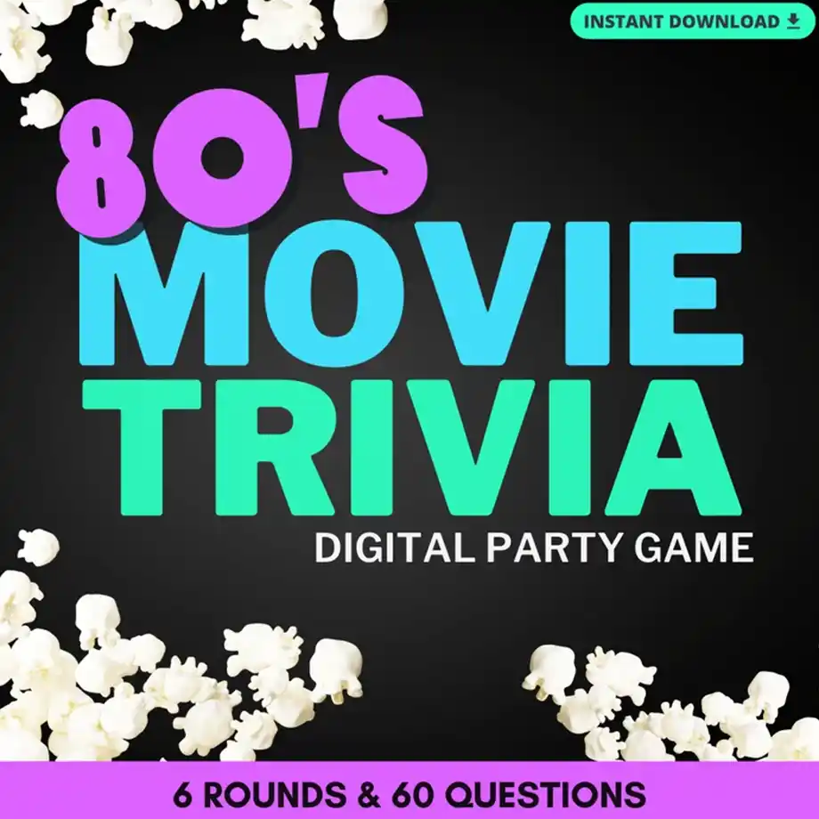 A retro image featuring iconic 80’s movie memorabilia, including VHS tapes, neon colors, and a clapperboard. Ideal for a fun-filled 80’s Movie Trivia Game with classic Movie Trivia Questions!