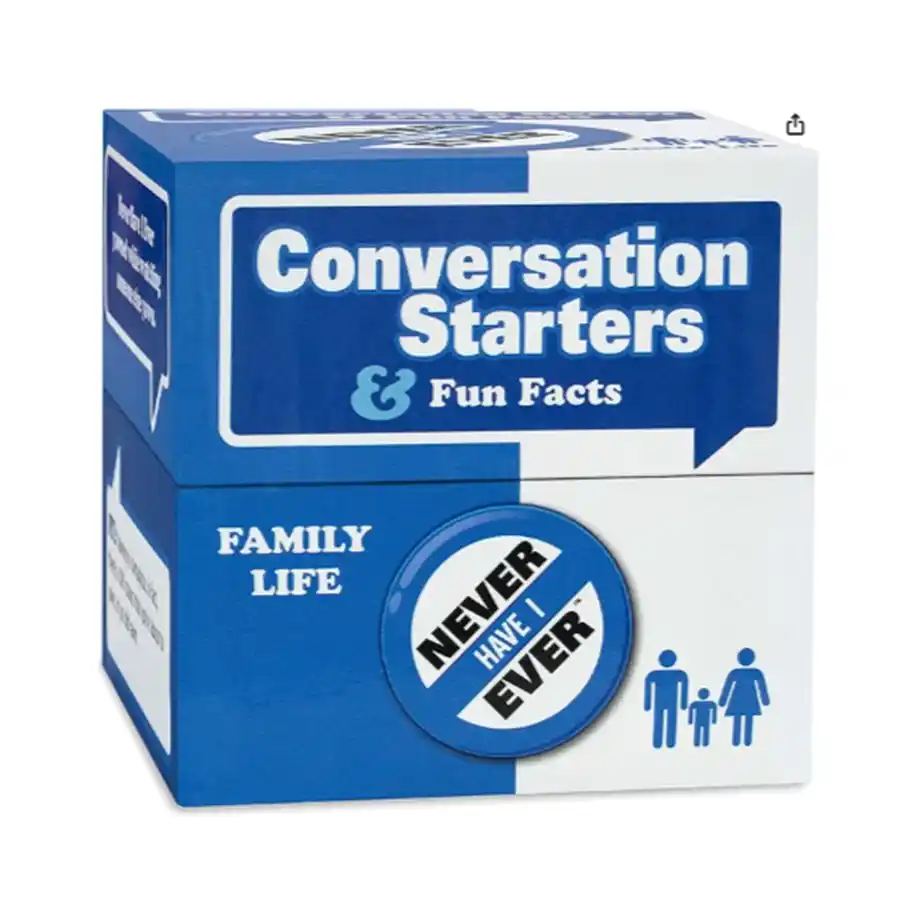 A "Never Have I Ever Conversation Starters" card game box with a sleek, minimalist design. The box features bold text and simple graphics, offering a fun way to spark interesting conversations.