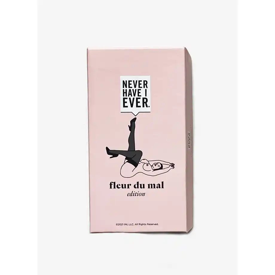 The "Fleur du Mal Never Have I Ever" card game box featuring elegant dark-toned artwork. The design includes intricate floral patterns and stylish font.