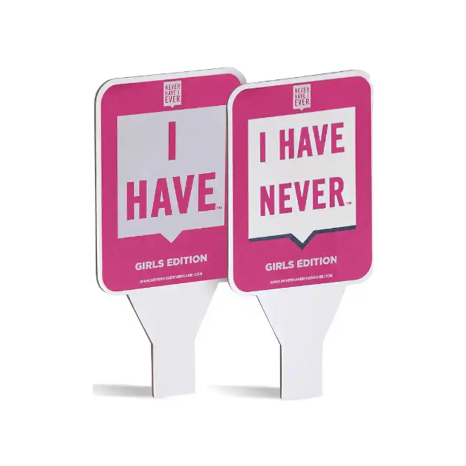 A set of pink "Never Have I Ever" paddles, featuring bold text and a sleek design. The paddles are vibrant and eye-catching, perfect for playing the popular party game.