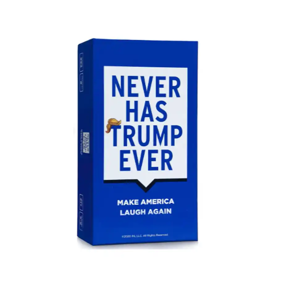 A "Never Has Trump Ever" card game box featuring bold, colorful graphics and a playful design. The box is designed with a humorous political theme, making it suitable for lighthearted party fun.