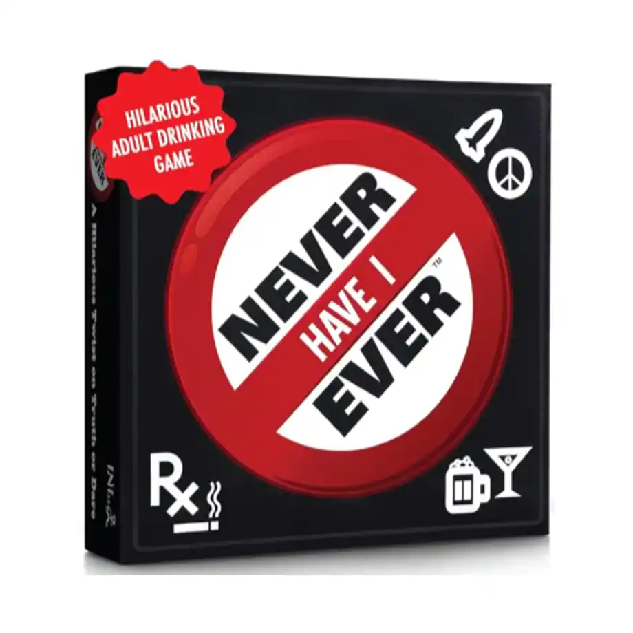 A "Never Have I Ever Drinking Edition Board Game" box featuring bold, playful graphics with a fun, party-ready design. The box emphasizes a drinking twist on the classic game, perfect for social gatherings.