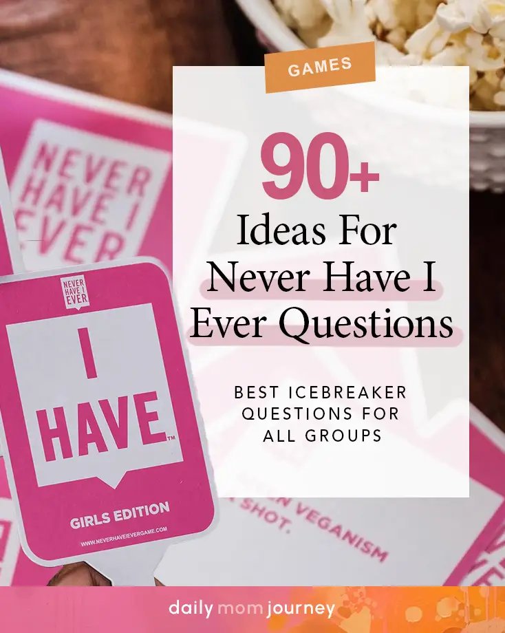 A vibrant design showcasing "90+ Ideas for Never Have I Ever Questions," highlighting fun and engaging prompts for all group settings.