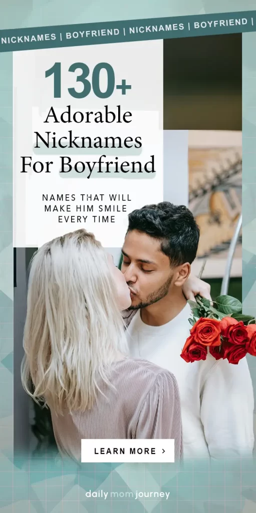 A couple sharing a sweet kiss while holding red roses, showcasing 130+ adorable nicknames for boyfriend that express love and affection.