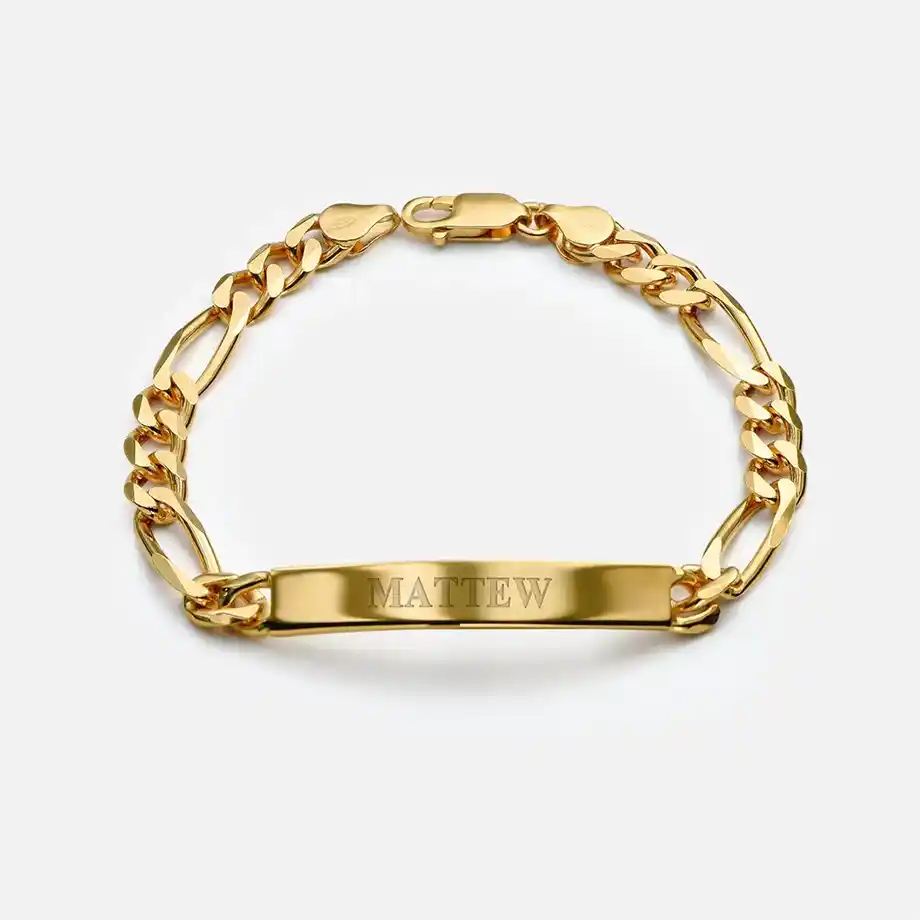 A sophisticated gold bracelet for men, featuring a sleek and modern link design with a polished finish. Its timeless elegance makes it a versatile accessory for both casual and formal occasions.