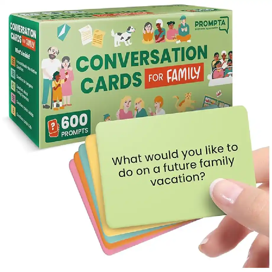 600 Conversation Cards for Families featuring fun conversation starters for adults and kids. Perfect for road trips, dinner time, and family bonding, this card game helps families get to know each other better