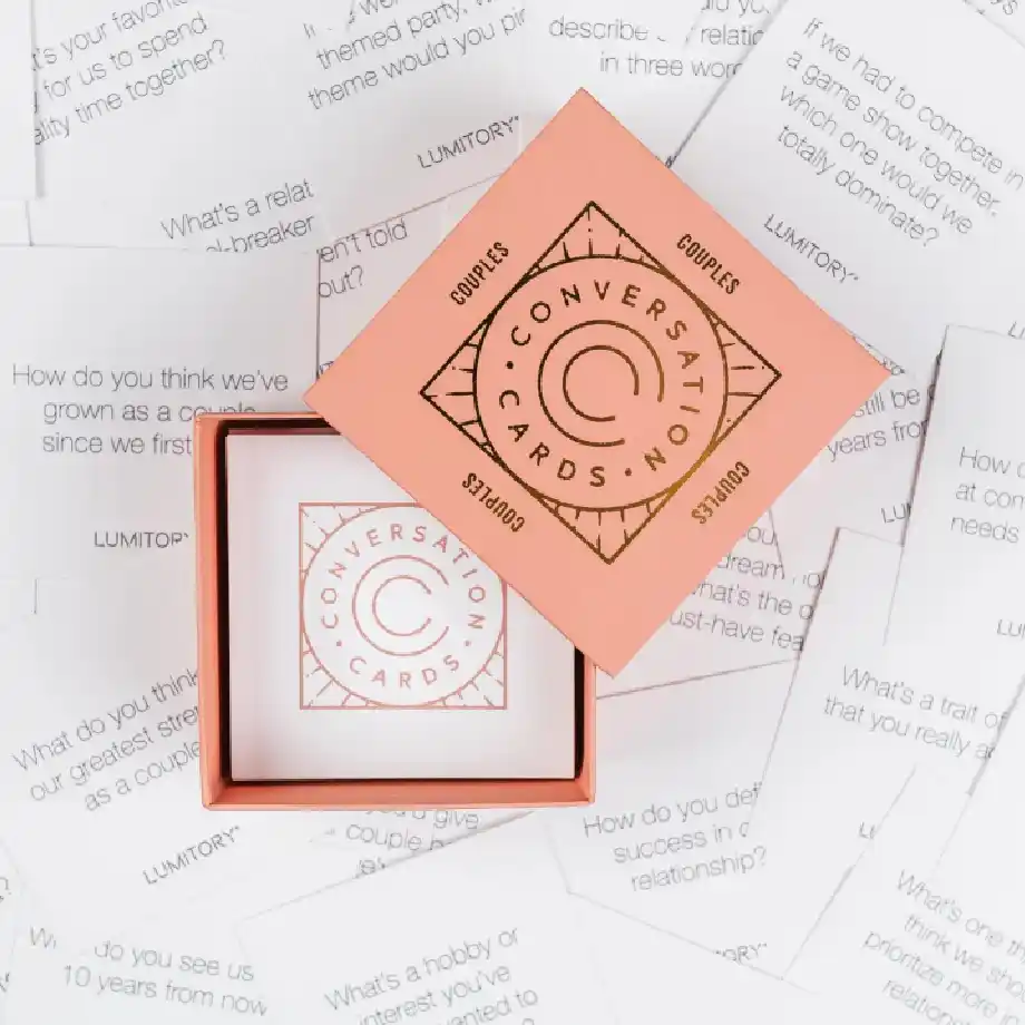 Conversation Cards for Couples featuring 75 engaging questions for couples. These thought-provoking questions-for-couples help deepen connections, spark meaningful conversations, and keep date nights, lazy Sundays, or car rides fresh and fun.