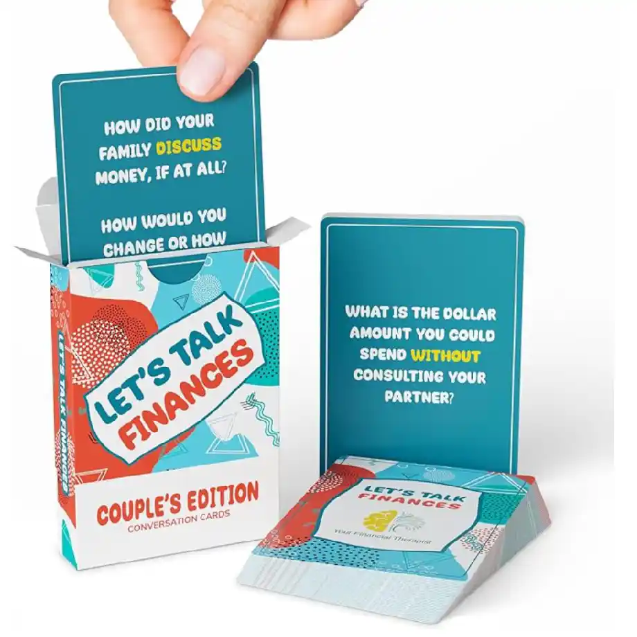 Let's Talk Finances: Couple’s Edition conversation card game featuring fun, engaging questions-for-couples. Designed for engaged, married, or long-term partners to spark meaningful money talks while laughing, learning, and deepening their connection