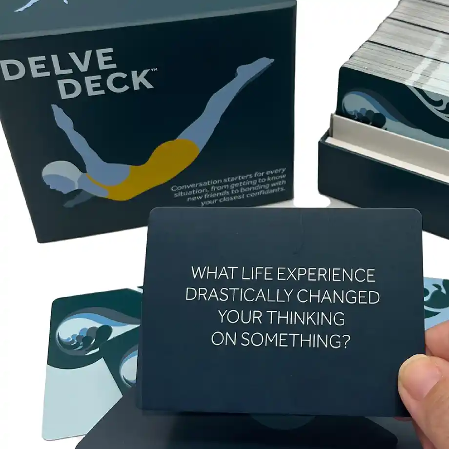 Boredwalk Delve Deck Conversation Cards featuring question cards for couples, adults, family, and friends. Ideal as a therapy game, icebreaker game, or first date card game, designed to spark meaningful conversations and deepen connections