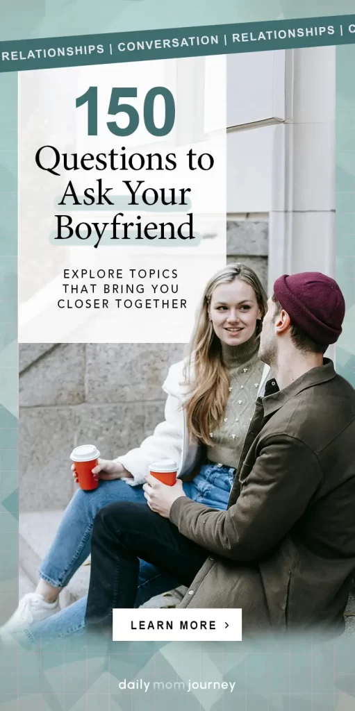 A smiling couple enjoying coffee outdoors, discovering 150 essential questions to ask your boyfriend for meaningful conversations.