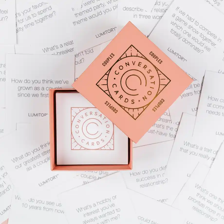 Lumitory Couples Conversation Cards, a relationship-building game designed to inspire fun and meaningful discussions with thoughtful questions to ask your boyfriend.