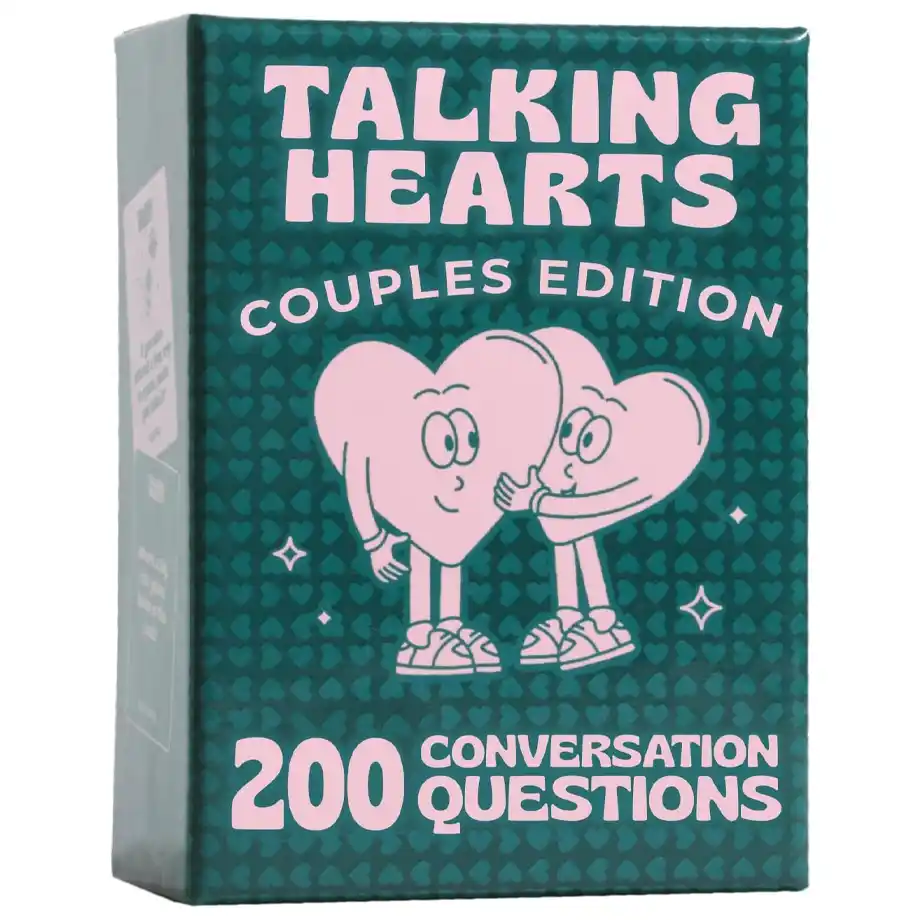 Talking Hearts Couples Edition card game featuring 200 conversation questions designed to spark meaningful and fun discussions with your girlfriend or partner, shown in a playful green and pink box with cartoon heart characters.