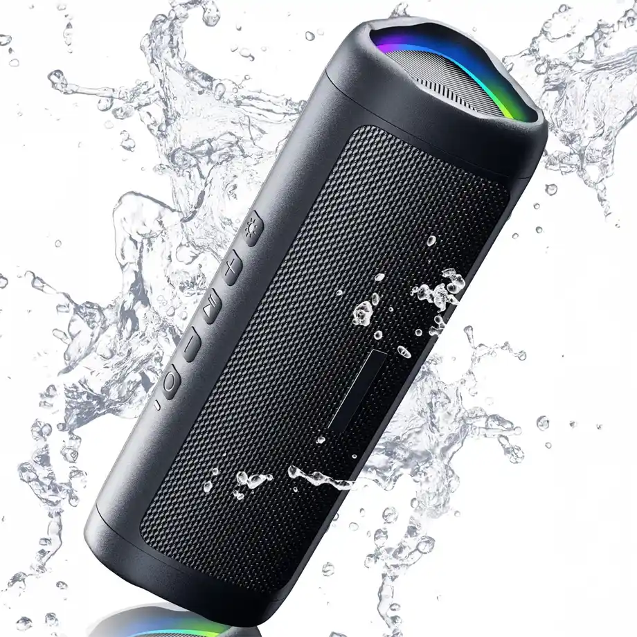 Waterproof and portable Bluetooth speaker with impressive playtime, a great stocking stuffer for your husband, ideal for music lovers on the go.