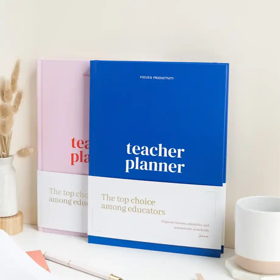 A teacher planner designed to help organize lessons, schedules, and tasks. It features space for daily, weekly, and monthly planning with sections for notes and goals.