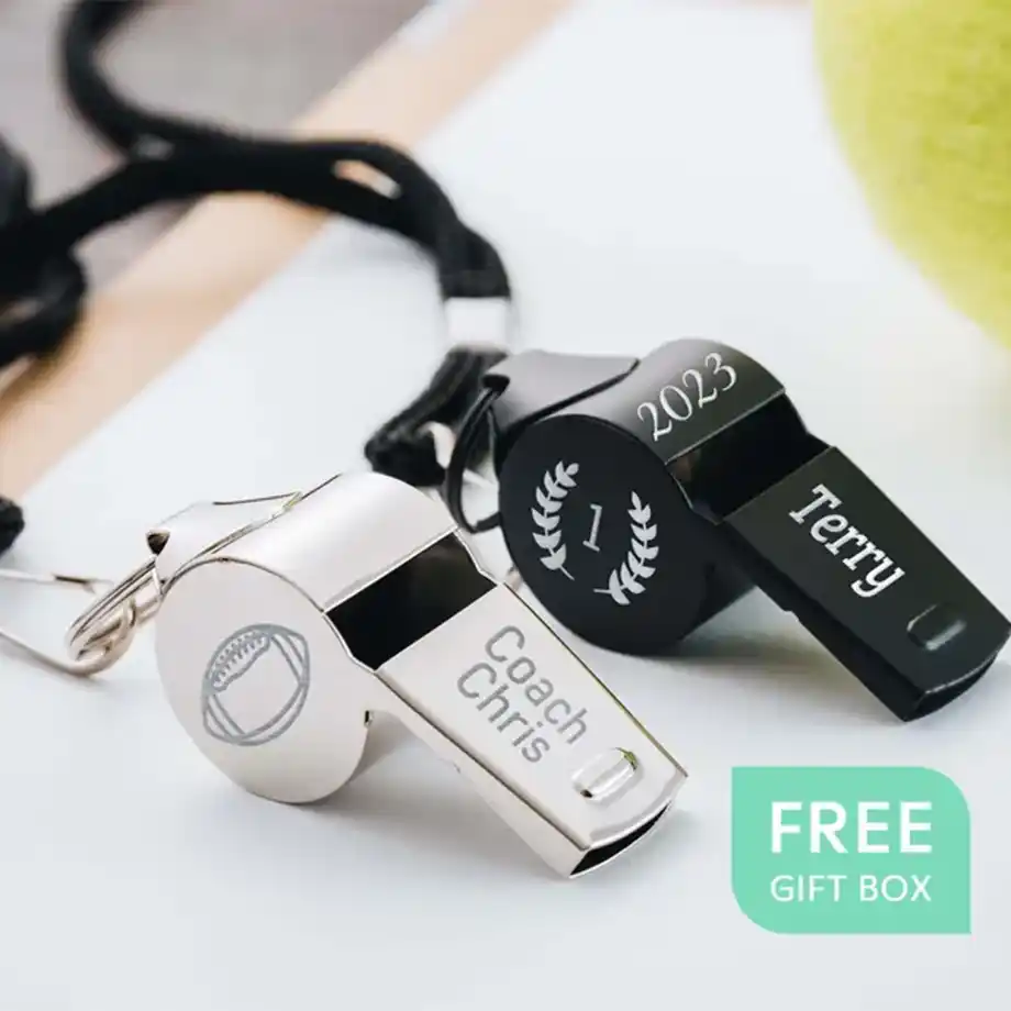 A personalized whistle, customizable with text or logos. Perfect for coaches, events, or as a fun promotional item.