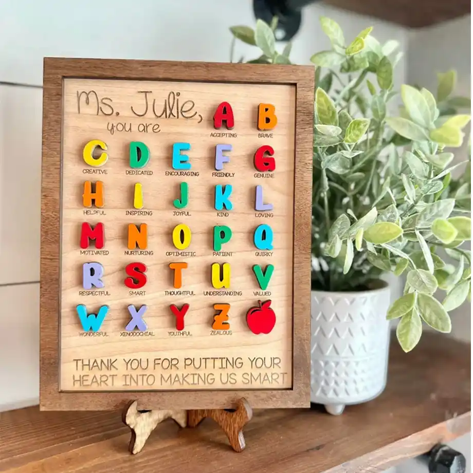 A custom ABC sign featuring colorful letters and personalized text or designs. Perfect for classrooms, nurseries, or as educational decor.